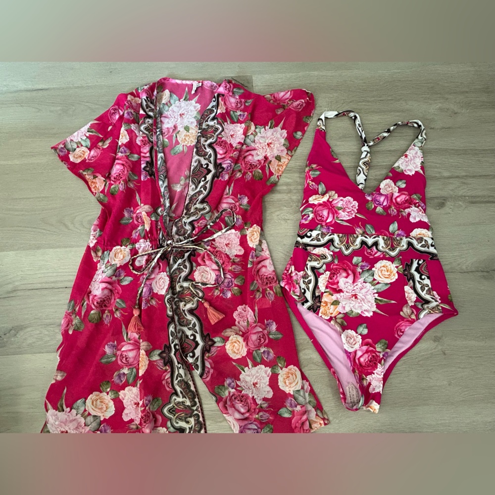 Nanette lepore pink, black gold rose floral one piece swimsuit cover up S